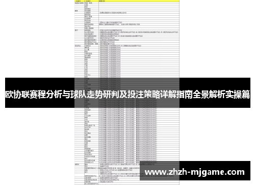 欧协联赛程分析与球队走势研判及投注策略详解指南全景解析实操篇